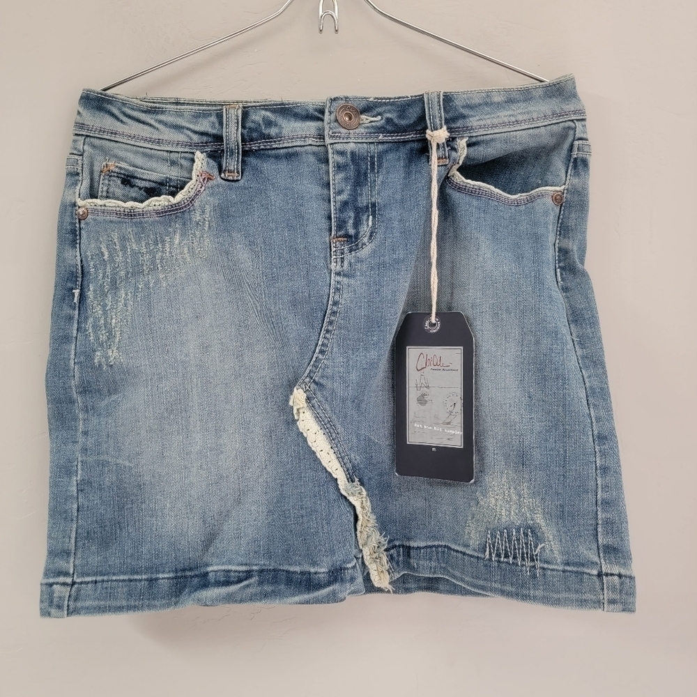 Chiqle Blue Denim Architect Skirt Size M Micro‎ Jean Distressed Slit Zip Women